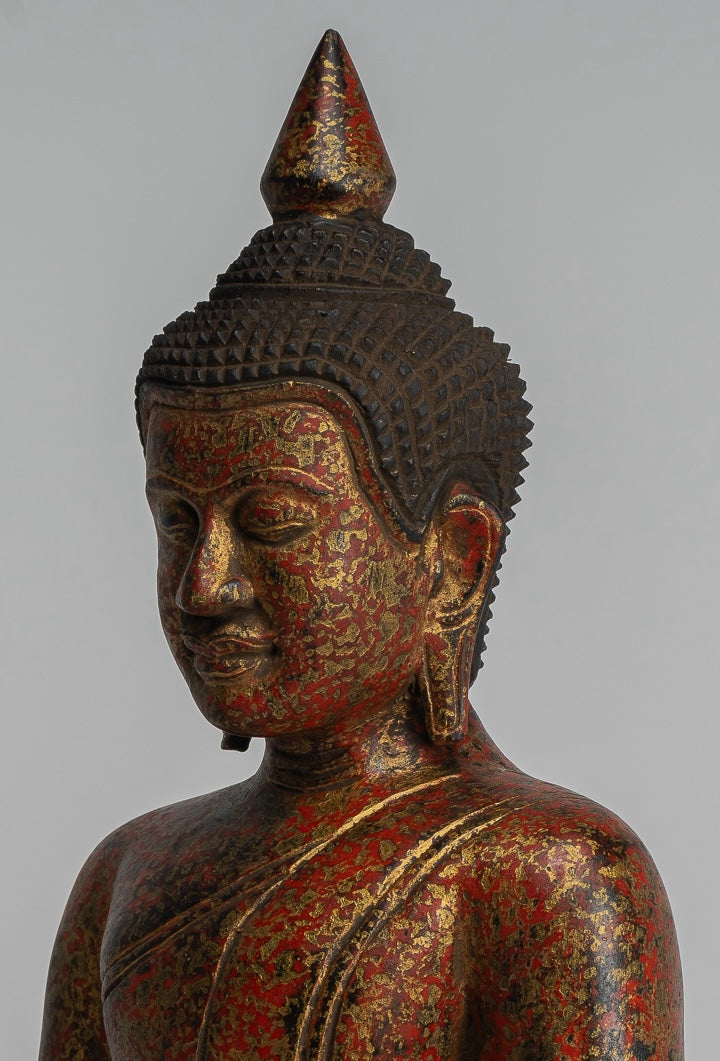Buddha Sculpture - Antique Khmer Style Wood Seated Buddha Statue Dhyana Meditation Mudra - 32cm/13"