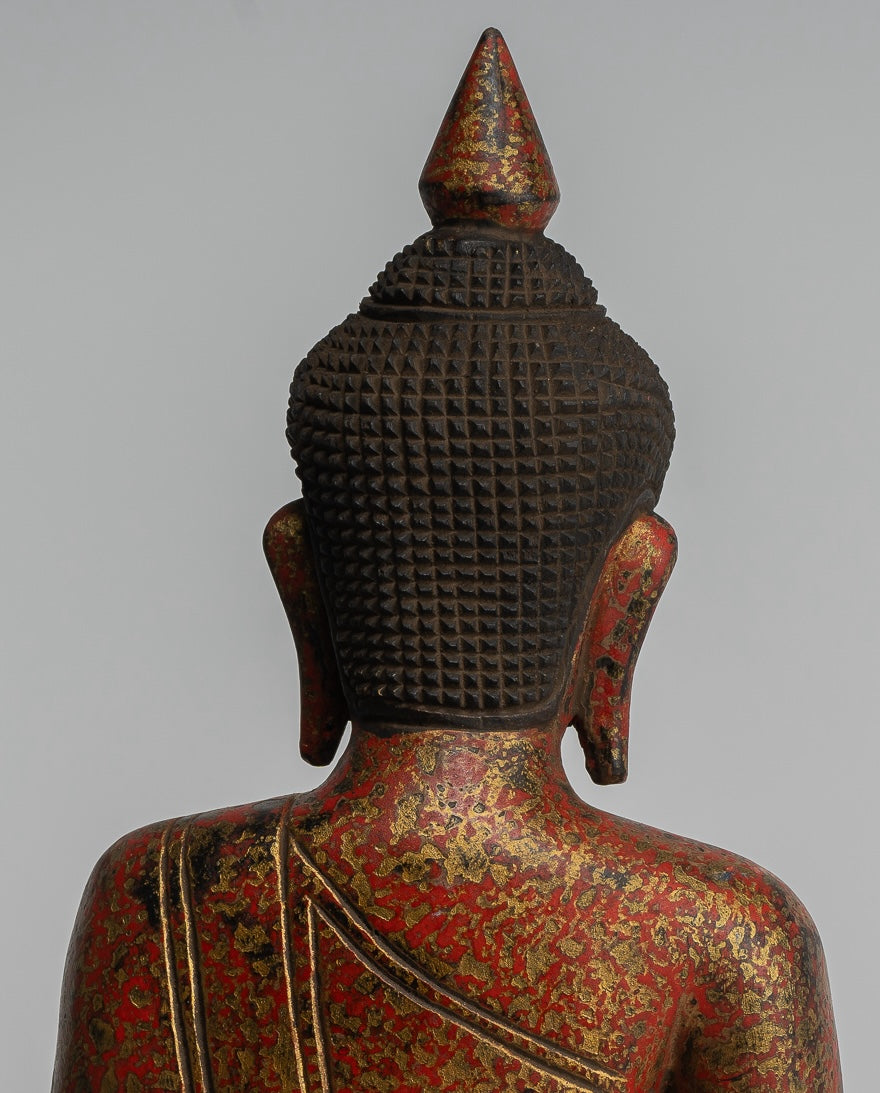 Buddha Sculpture - Antique Khmer Style Wood Seated Buddha Statue Dhyana Meditation Mudra - 32cm/13"