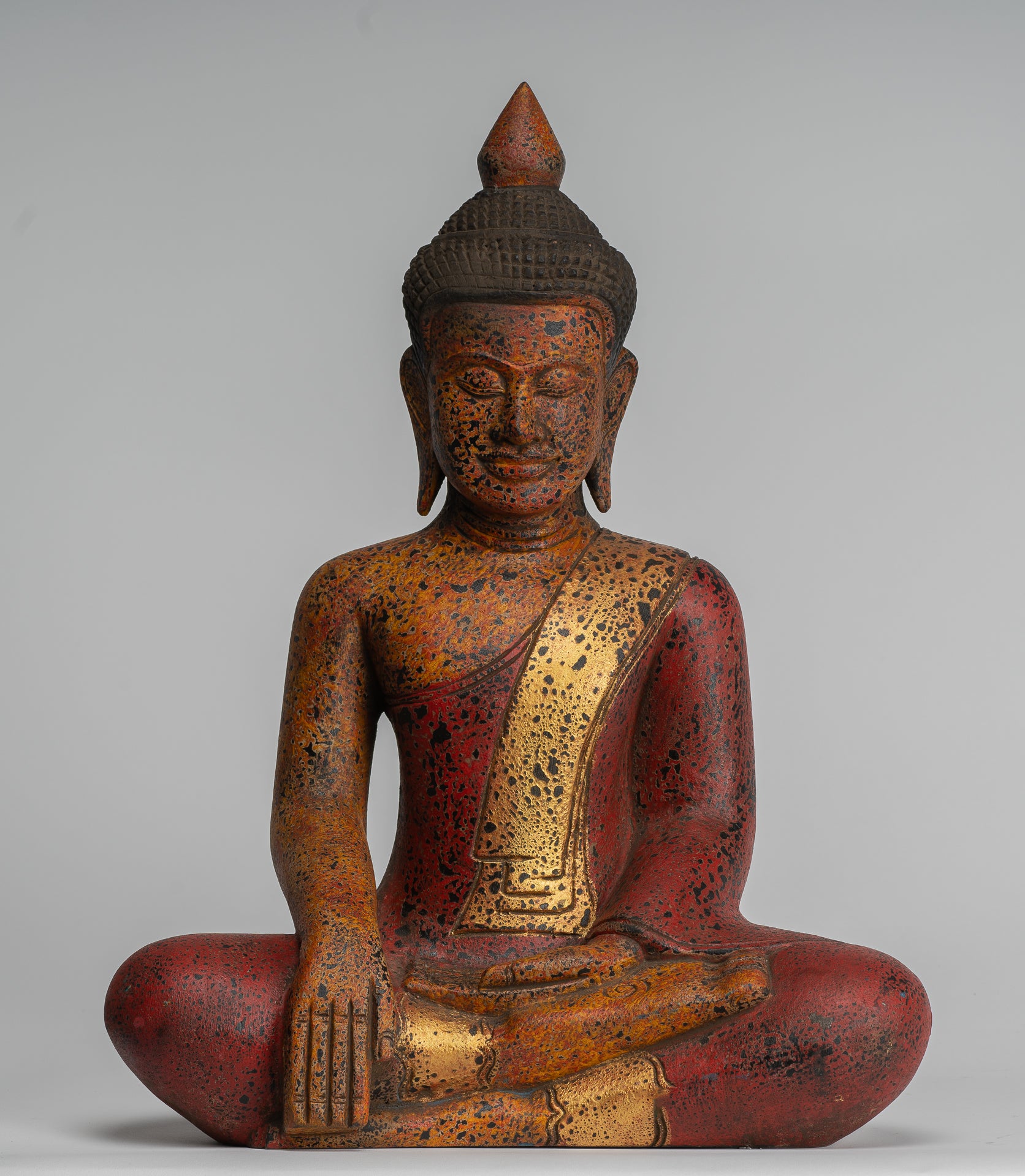 Buddha Statue - Antique Khmer Style SE Asia Seated Wood Enlightenment Buddha Statue - 46cm/18"