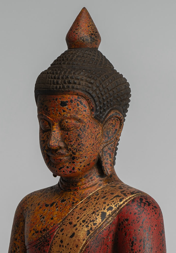 Buddha Statue - Antique Khmer Style SE Asia Seated Wood Enlightenment Buddha Statue - 46cm/18"