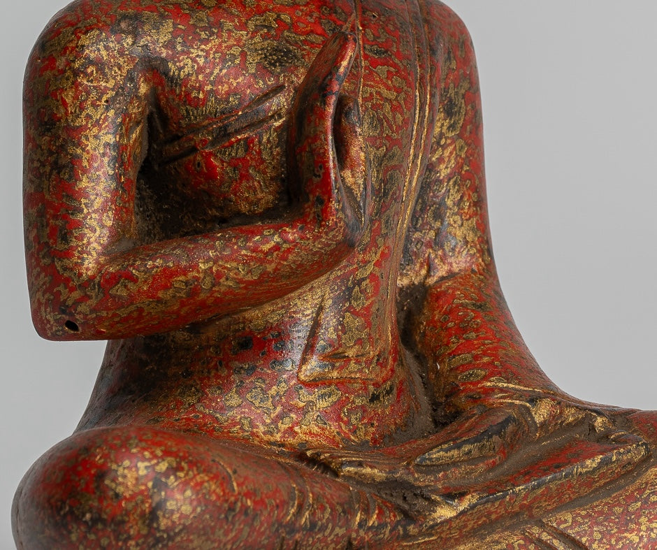 Buddha Sculpture - Buddha - Antique Khmer Style Seated Wood Buddha Statue Teaching Mudra - 20cm/8"
