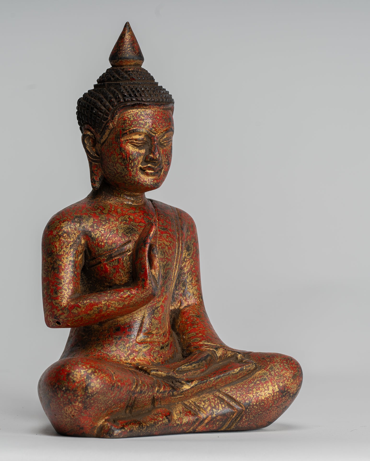 Buddha Sculpture - Buddha - Antique Khmer Style Seated Wood Buddha Statue Teaching Mudra - 20cm/8"