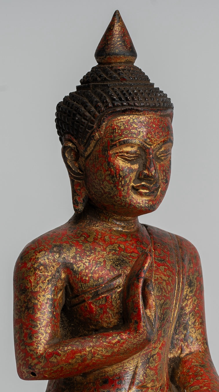 Buddha Sculpture - Buddha - Antique Khmer Style Seated Wood Buddha Statue Teaching Mudra - 20cm/8"