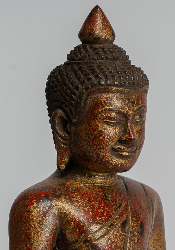 Buddha Sculpture - Antique Khmer Style Wood Seated Buddha Statue Dhyana Meditation Mudra - 20cm/8"