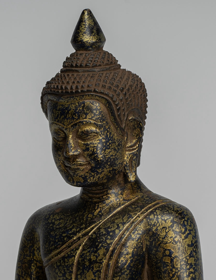 Buddha Statue - Antique Khmer Style SE Asia Seated Wood Enlightenment Buddha Statue - 27cm/11"