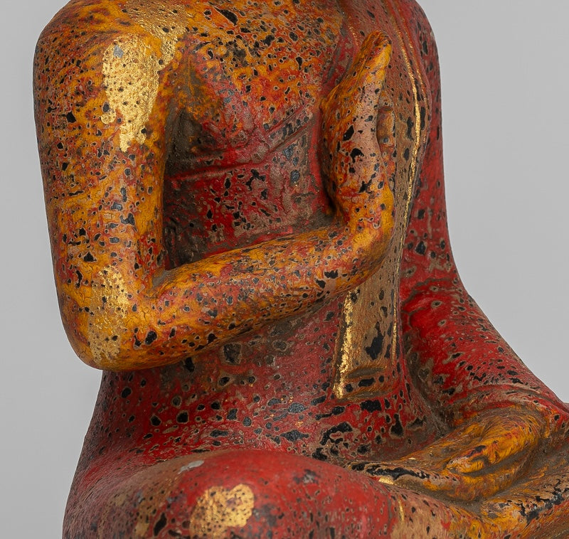 Buddha Statue - Antique Khmer Style Cambodia Seated Wood Buddha Statue Teaching Mudra - 27cm/11"