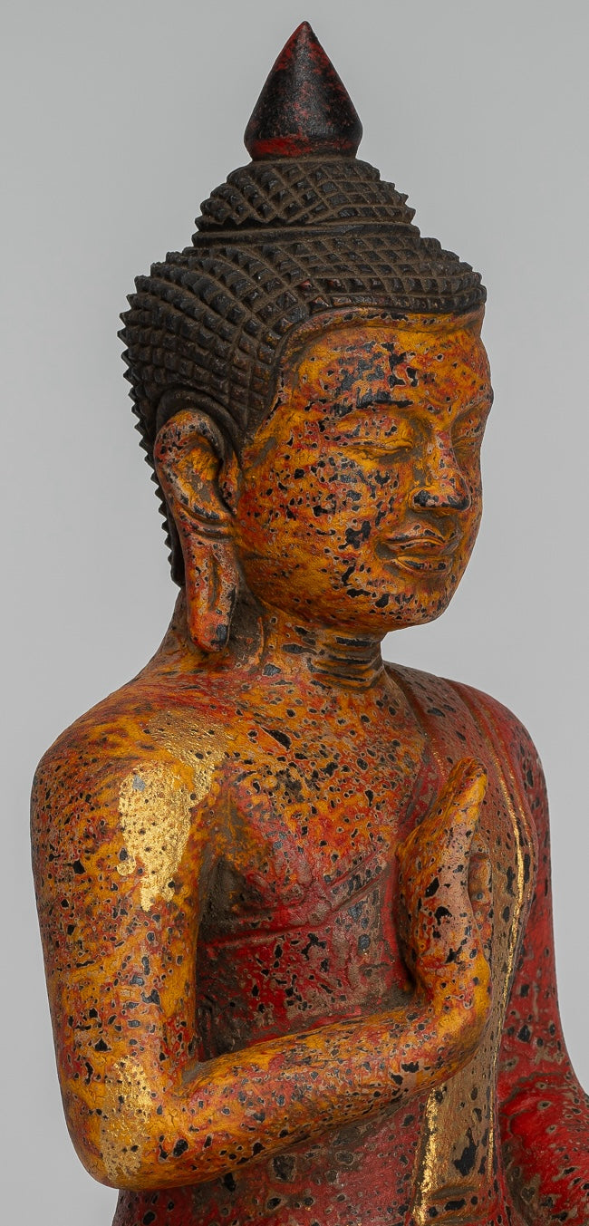 Buddha Statue - Antique Khmer Style Cambodia Seated Wood Buddha Statue Teaching Mudra - 27cm/11"