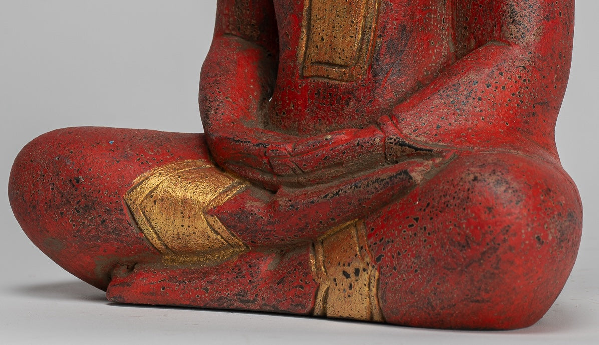 Buddha Sculpture - Antique Khmer Style Wood Seated Buddha Statue Dhyana Meditation Mudra - 27cm/11"