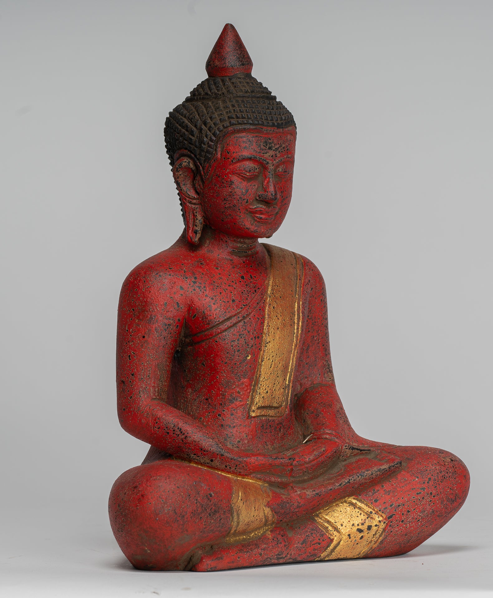 Buddha Sculpture - Antique Khmer Style Wood Seated Buddha Statue Dhyana Meditation Mudra - 27cm/11"