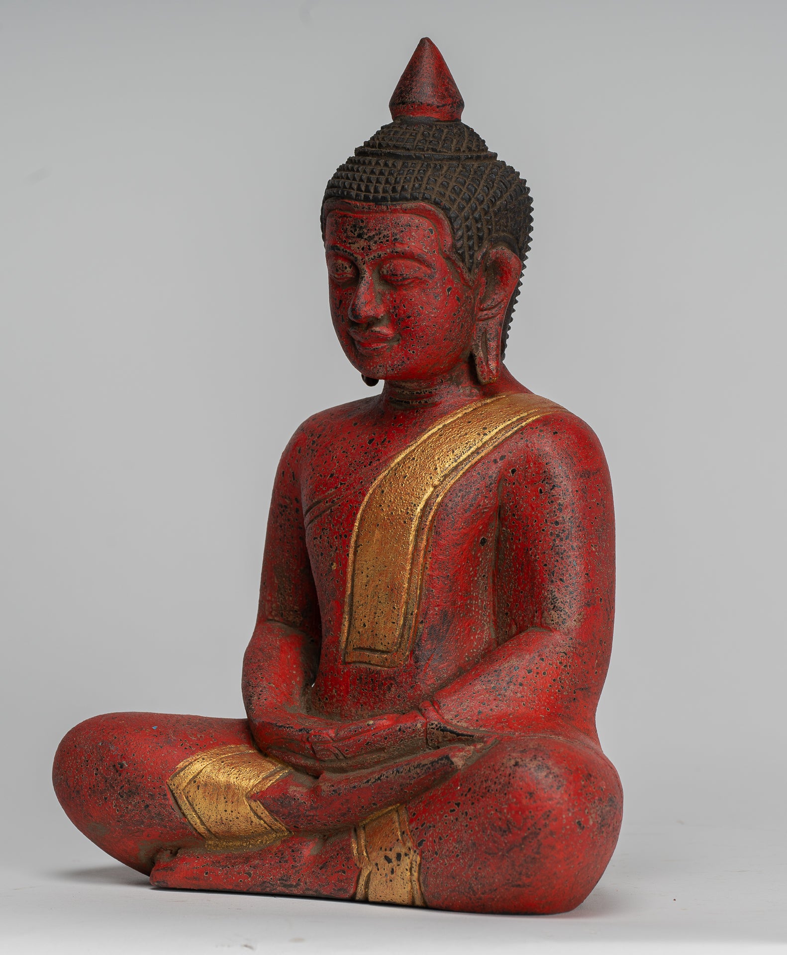 Buddha Sculpture - Antique Khmer Style Wood Seated Buddha Statue Dhyana Meditation Mudra - 27cm/11"