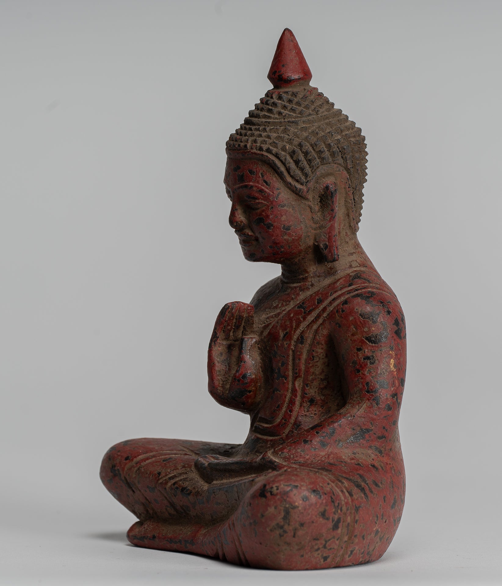 Buddha Sculpture - Buddha - Antique Khmer Style Seated Wood Buddha Statue Teaching Mudra - 17cm/7"