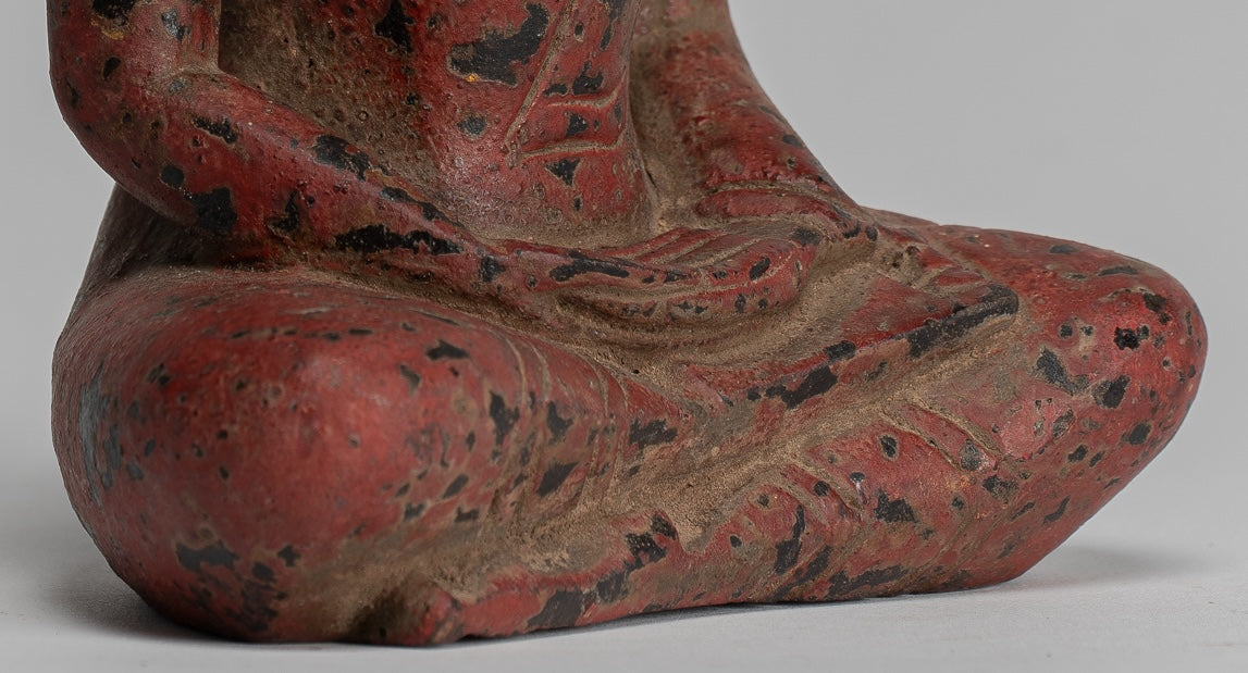 Buddha Sculpture - Antique Khmer Style Wood Seated Buddha Statue Dhyana Meditation Mudra - 17cm/7"