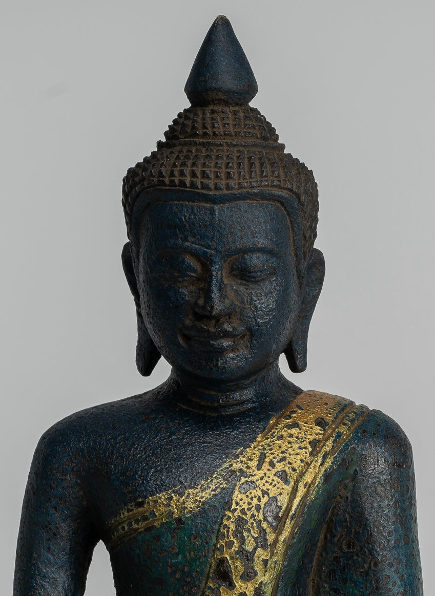 Buddha Sculpture - Antique Khmer Style Wood Seated Buddha Statue Dhyana Meditation Mudra - 20cm/8"