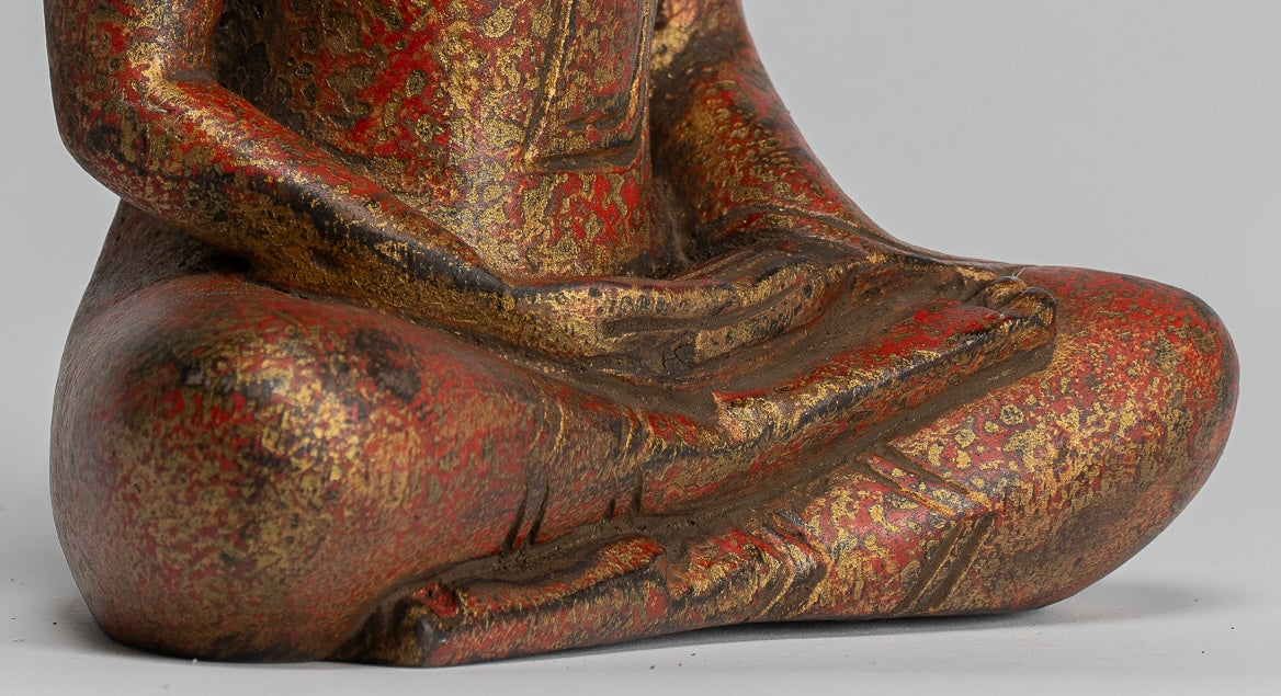 Buddha Sculpture - Antique Khmer Style Wood Seated Buddha Statue Dhyana Meditation Mudra - 21cm/8"