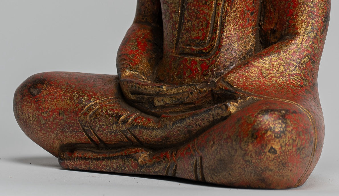 Buddha Sculpture - Antique Khmer Style Wood Seated Buddha Statue Dhyana Meditation Mudra - 21cm/8"