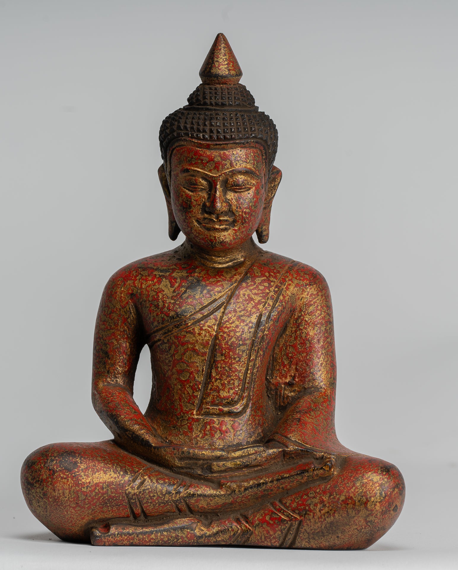 Buddha Sculpture - Antique Khmer Style Wood Seated Buddha Statue Dhyana Meditation Mudra - 21cm/8"