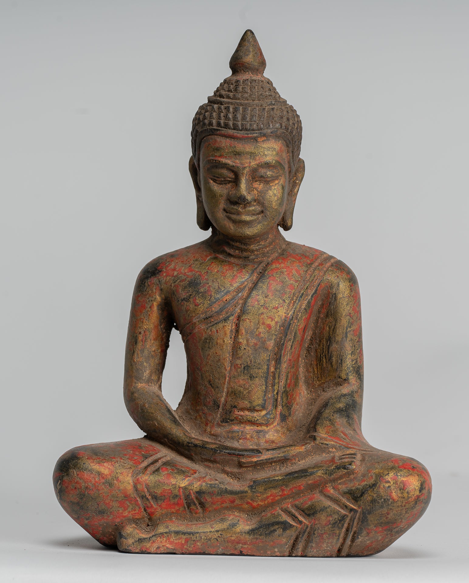 Buddha Sculpture - Antique Khmer Style Wood Seated Buddha Statue Dhyana Meditation Mudra - 20cm/8"