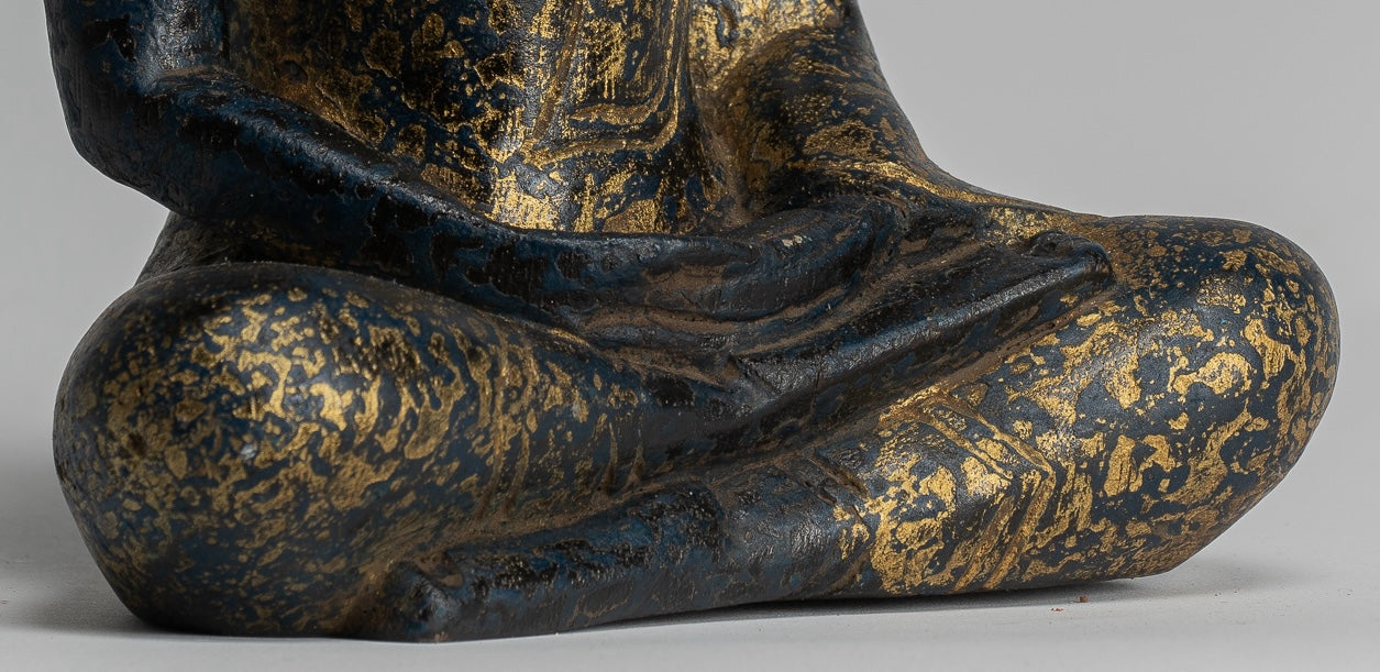 Buddha Sculpture - Antique Khmer Style Wood Seated Buddha Statue Dhyana Meditation Mudra - 20cm/8"