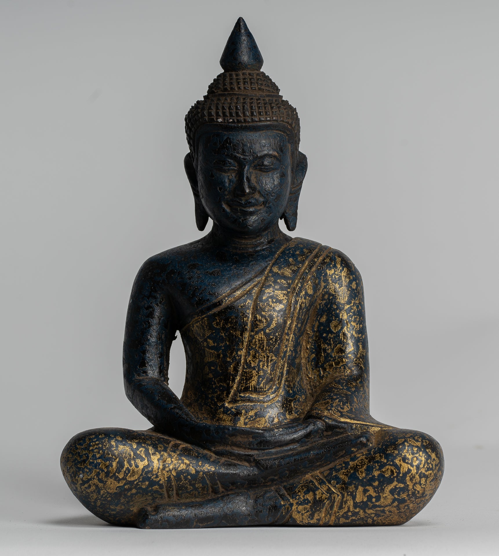 Buddha Sculpture - Antique Khmer Style Wood Seated Buddha Statue Dhyana Meditation Mudra - 20cm/8"