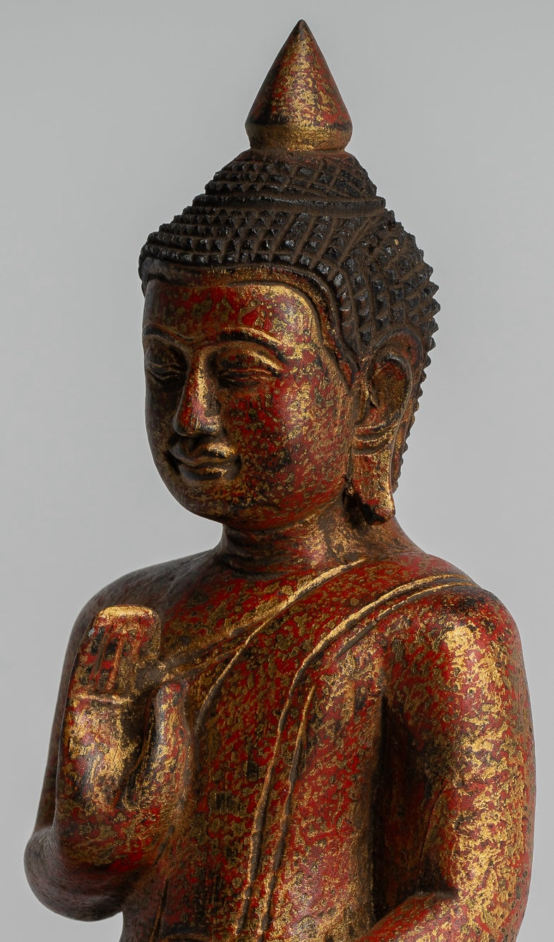 Buddha Statue - Antique Khmer Style Cambodia Seated Wood Buddha Statue Teaching Mudra - 21cm/8"
