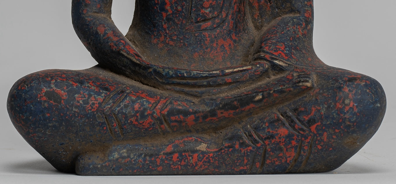 Buddha Sculpture - Antique Khmer Style Wood Seated Buddha Statue Dhyana Meditation Mudra - 20cm/8"