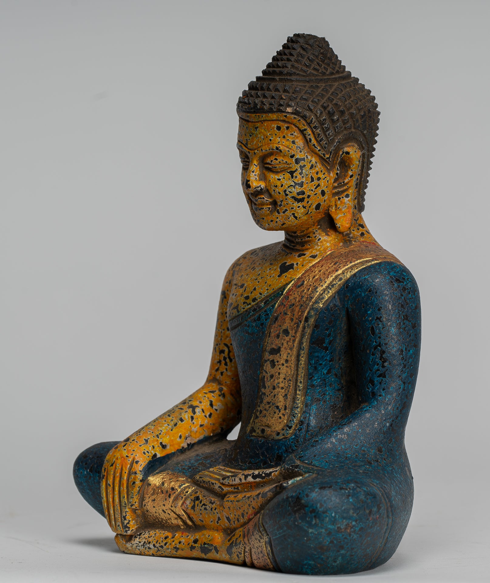 Buddha Statue - Antique Khmer Style SE Asia Seated Wood Enlightenment Buddha Statue - 19cm/8"