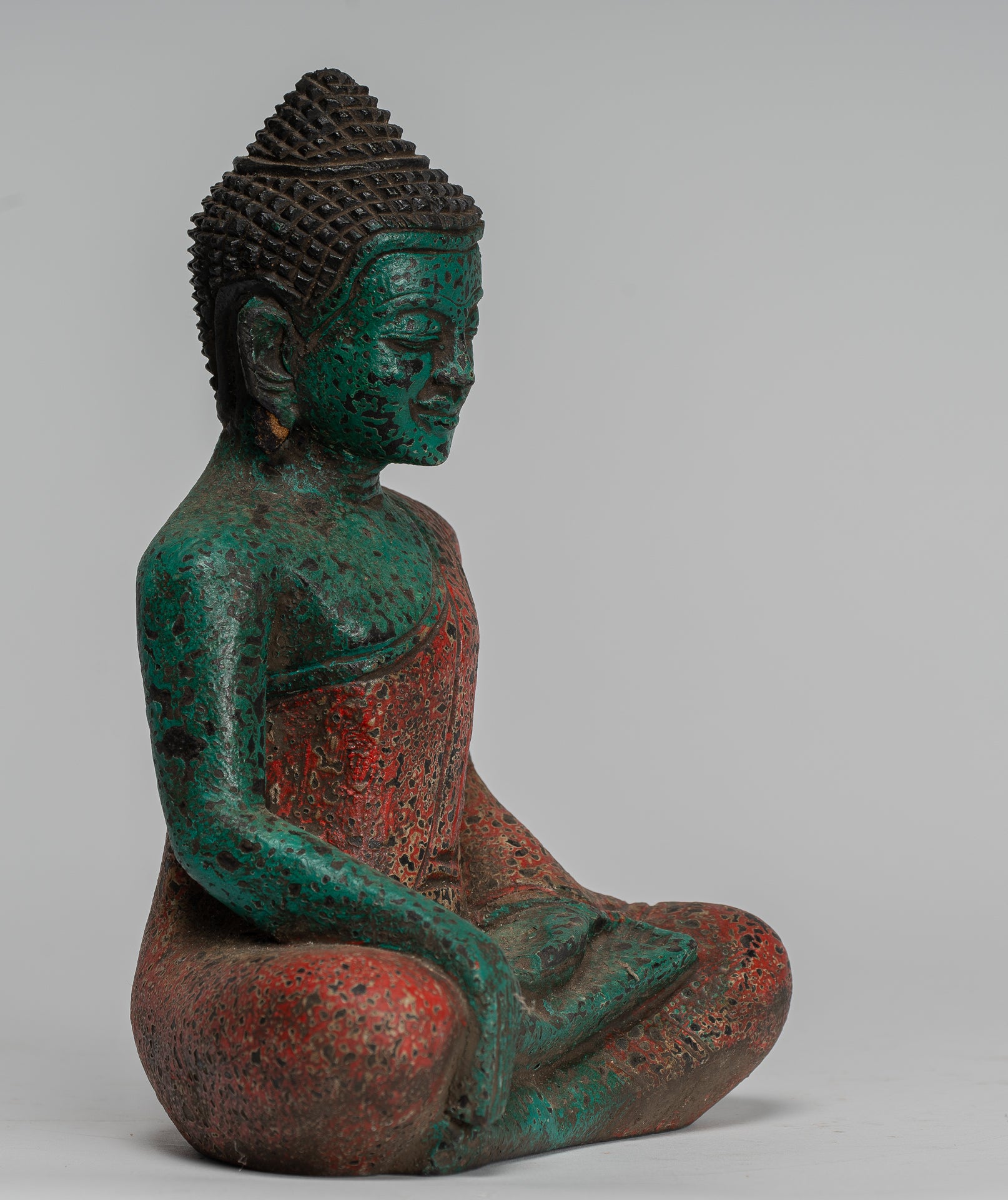 Buddha Statue - Antique Khmer Style SE Asia Seated Wood Enlightenment Buddha Statue - 19cm/8"