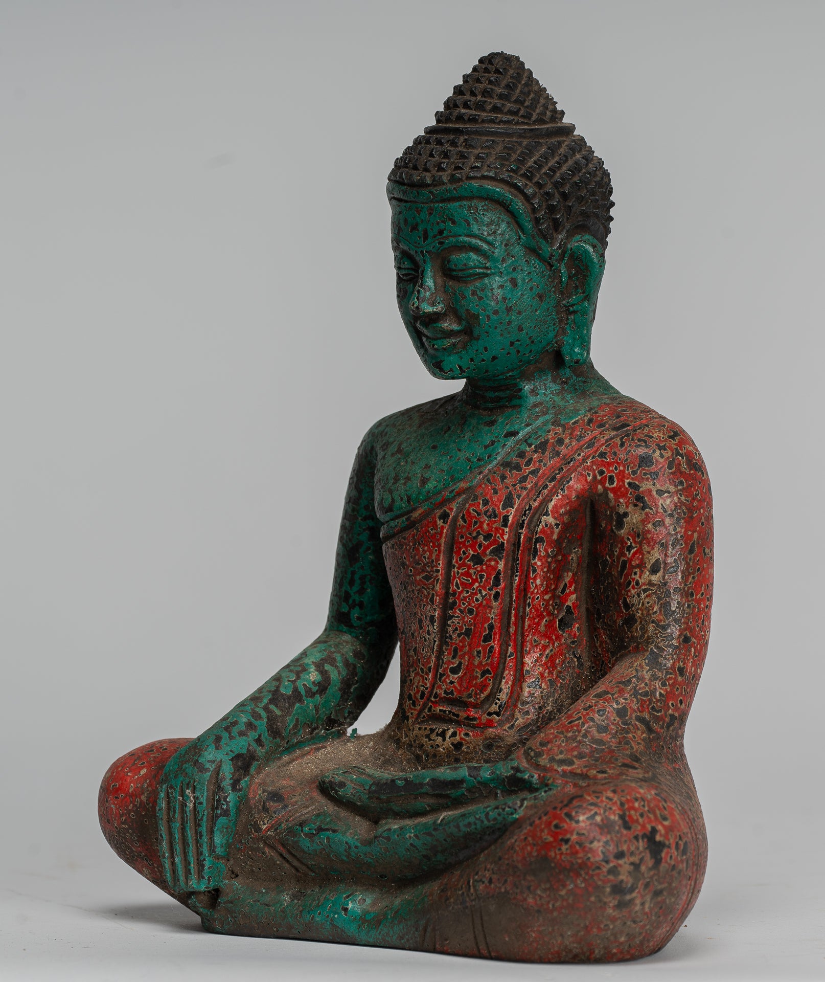 Buddha Statue - Antique Khmer Style SE Asia Seated Wood Enlightenment Buddha Statue - 19cm/8"