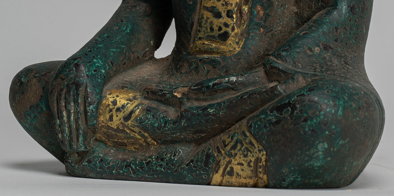 Buddha Statue - Antique Khmer Style SE Asia Seated Wood Enlightenment Buddha Statue - 20cm/8"