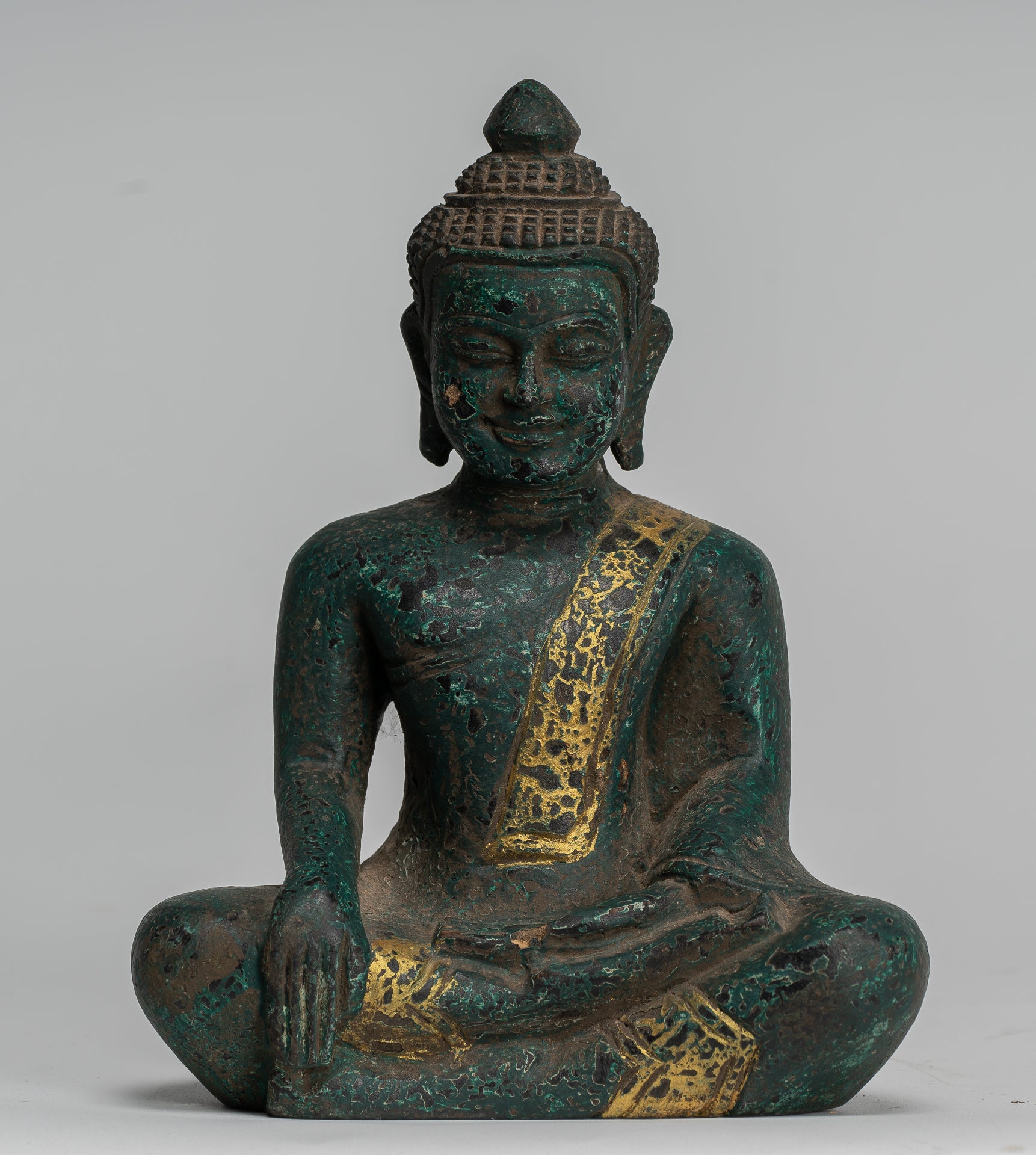 Buddha Statue - Antique Khmer Style SE Asia Seated Wood Enlightenment Buddha Statue - 20cm/8"