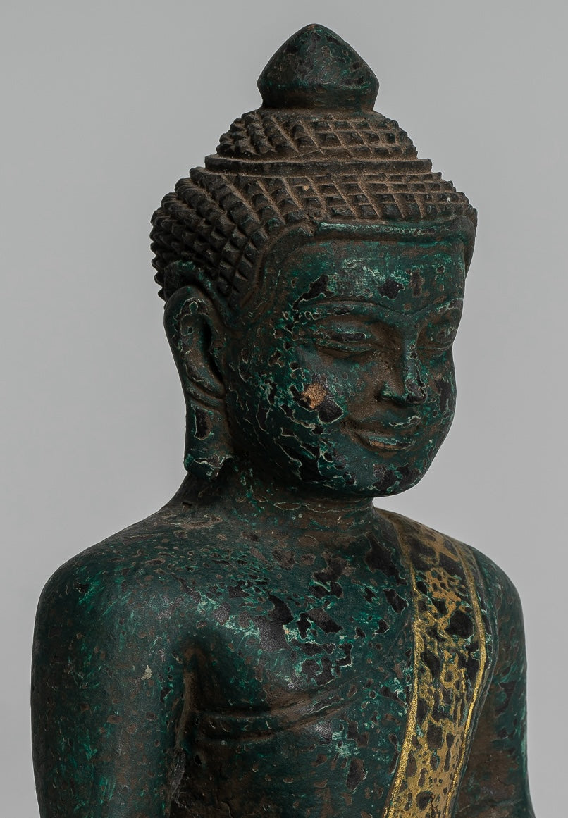 Buddha Statue - Antique Khmer Style SE Asia Seated Wood Enlightenment Buddha Statue - 20cm/8"