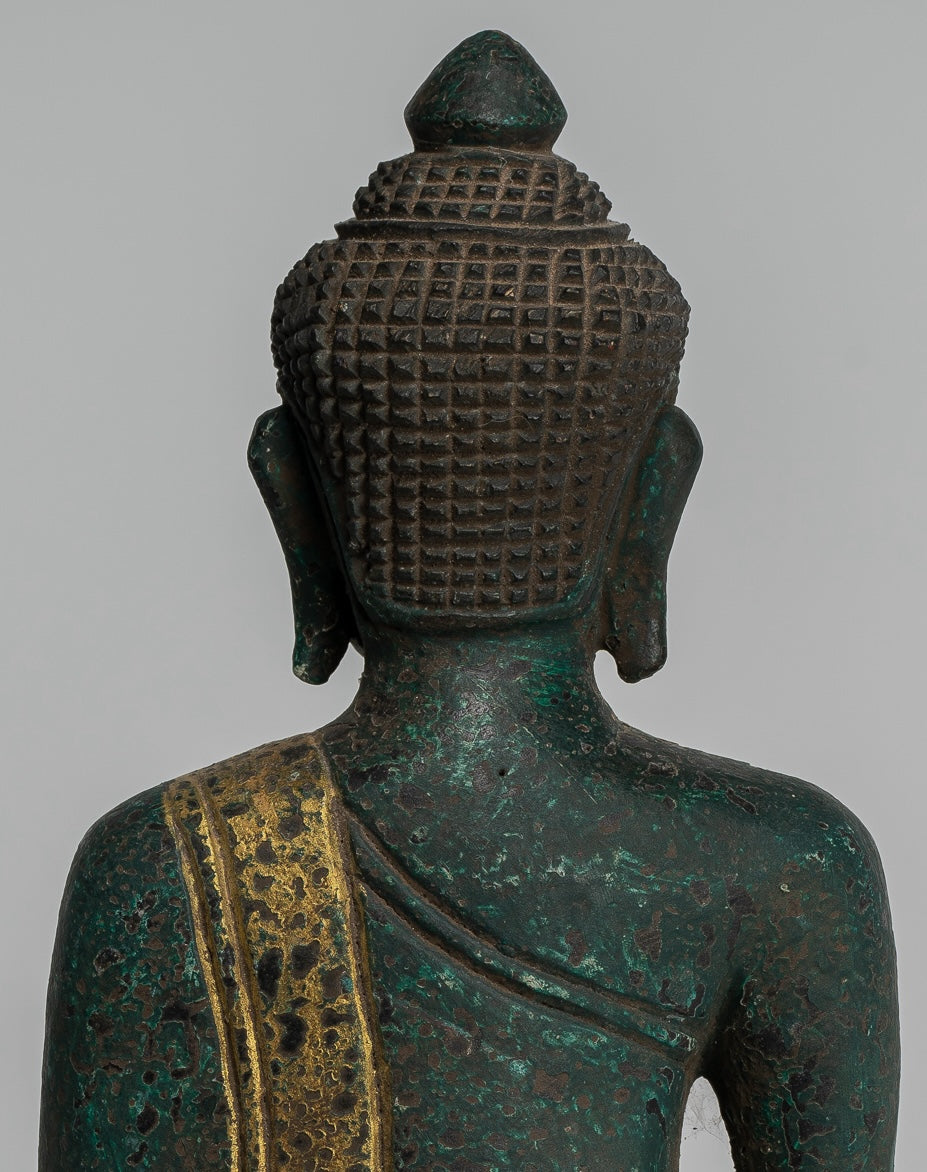 Buddha Statue - Antique Khmer Style SE Asia Seated Wood Enlightenment Buddha Statue - 20cm/8"