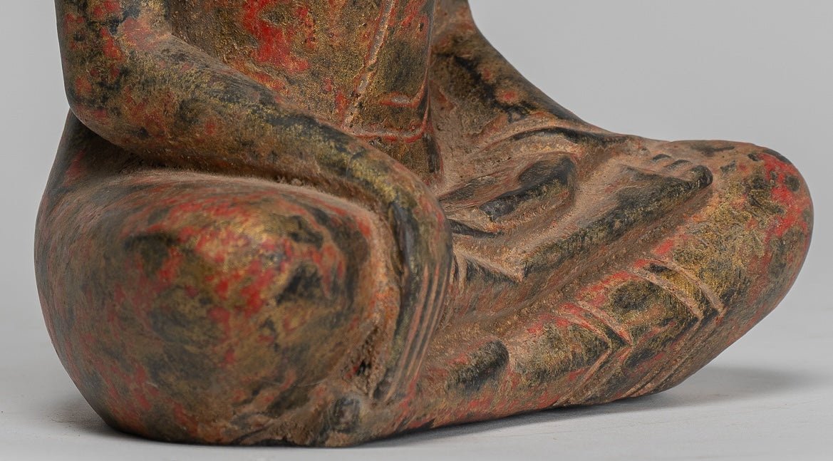 Buddha Statue - Antique Khmer Style SE Asia Seated Wood Enlightenment Buddha Statue - 19cm/8"
