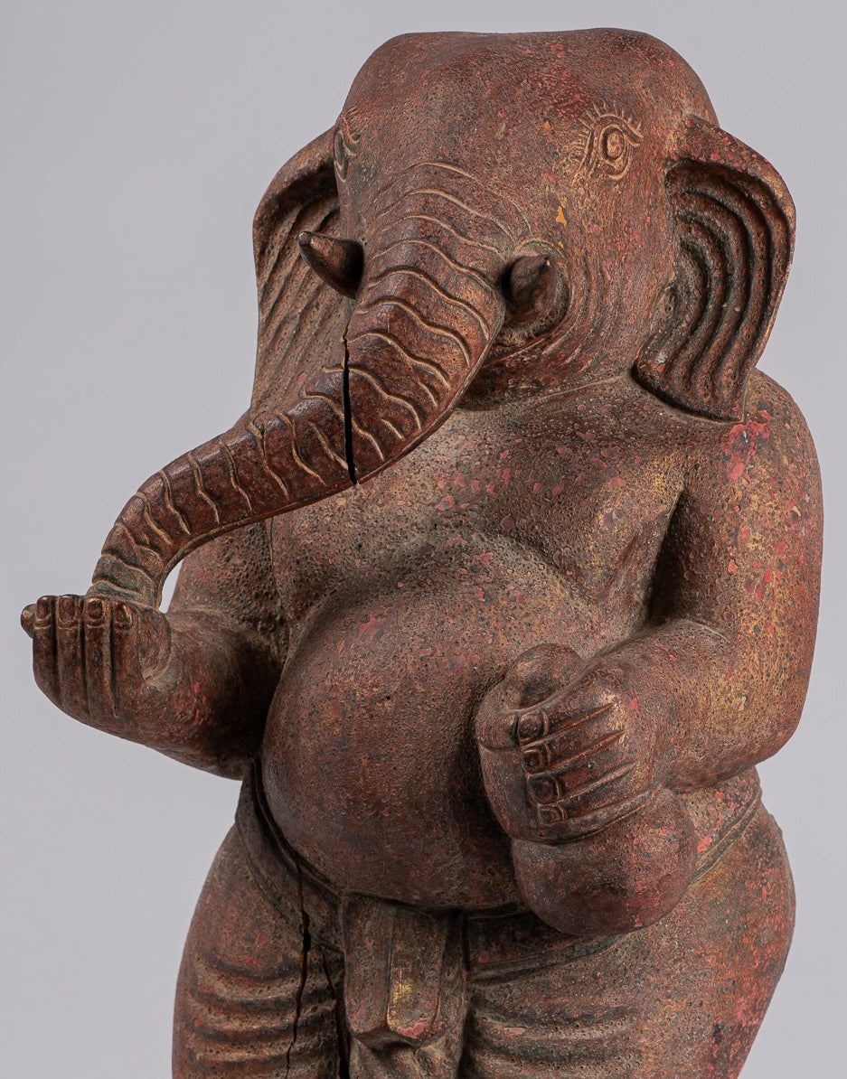 Elephant - Antique Khmer Style Standing Wood Elephant Statue - 53cm/21" Tall