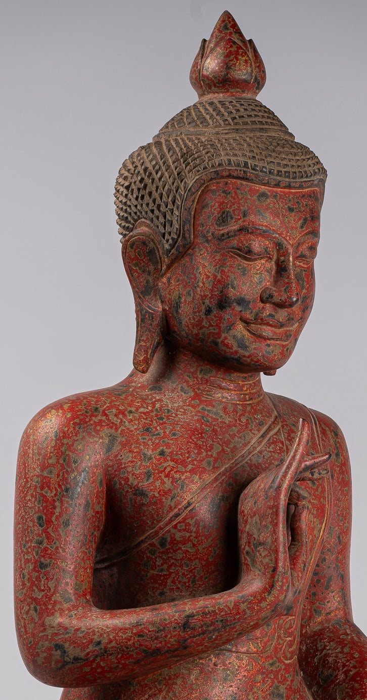 Buddha Statue - Antique Khmer Style Cambodia Seated Wood Buddha Statue Teaching Mudra - 78cm/31"