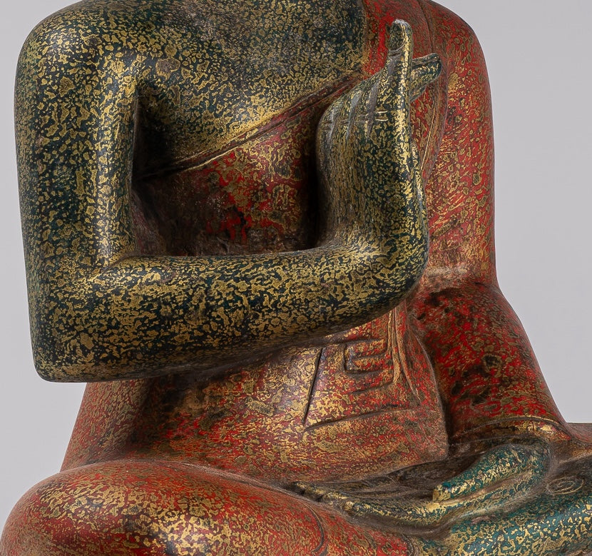 Buddha Statue - Antique Khmer Style Cambodia Seated Wood Buddha Statue Teaching Mudra - 71cm/28"