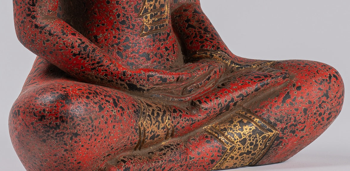 Buddha Sculpture - Antique Khmer Style Wood Seated Buddha Statue Dhyana Meditation Mudra - 34cm/14"