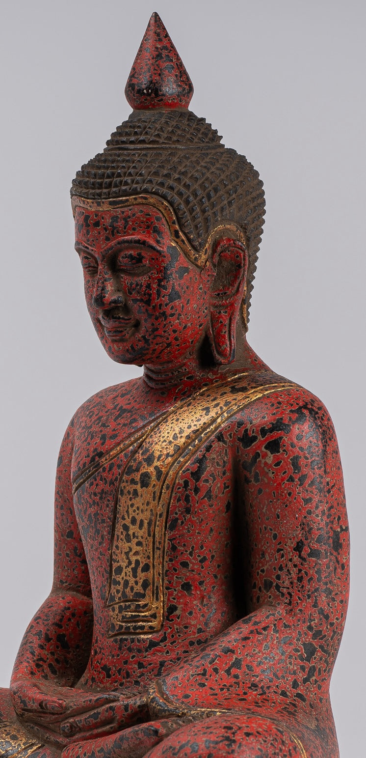 Buddha Sculpture - Antique Khmer Style Wood Seated Buddha Statue Dhyana Meditation Mudra - 34cm/14"