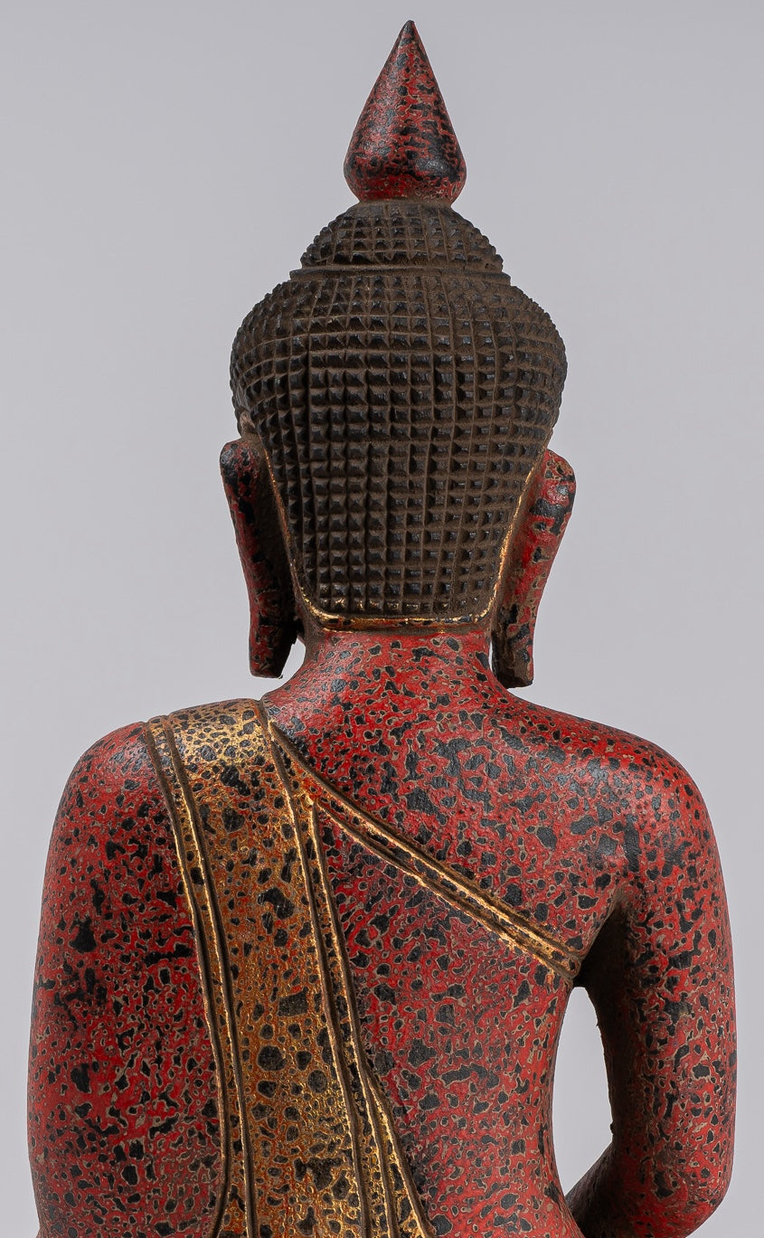 Buddha Sculpture - Antique Khmer Style Wood Seated Buddha Statue Dhyana Meditation Mudra - 34cm/14"