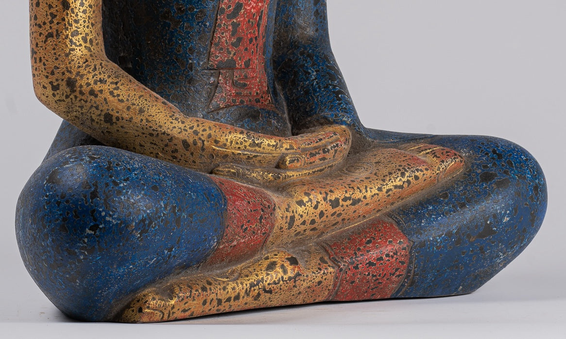 Buddha Sculpture - Antique Khmer Style Wood Seated Buddha Statue Dhyana Meditation Mudra - 55cm/21"