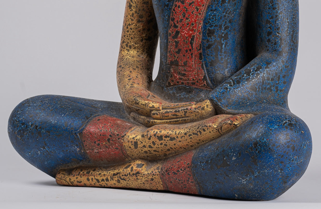 Buddha Sculpture - Antique Khmer Style Wood Seated Buddha Statue Dhyana Meditation Mudra - 55cm/21"