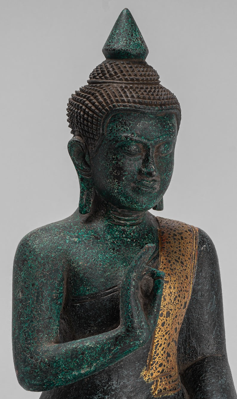 Buddha Sculpture - Buddha - Antique Khmer Style Seated Wood Buddha Statue Teaching Mudra - 40cm/16"
