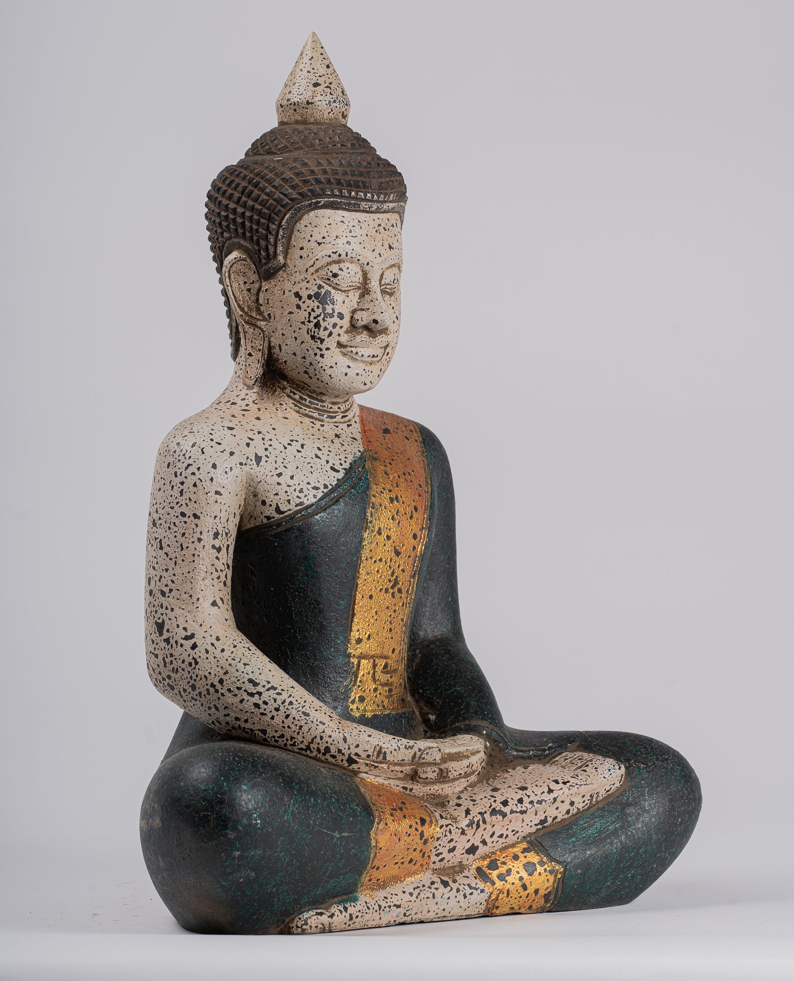 Buddha Sculpture - Antique Khmer Style Wood Seated Buddha Statue Dhyana Meditation Mudra - 40cm/16"