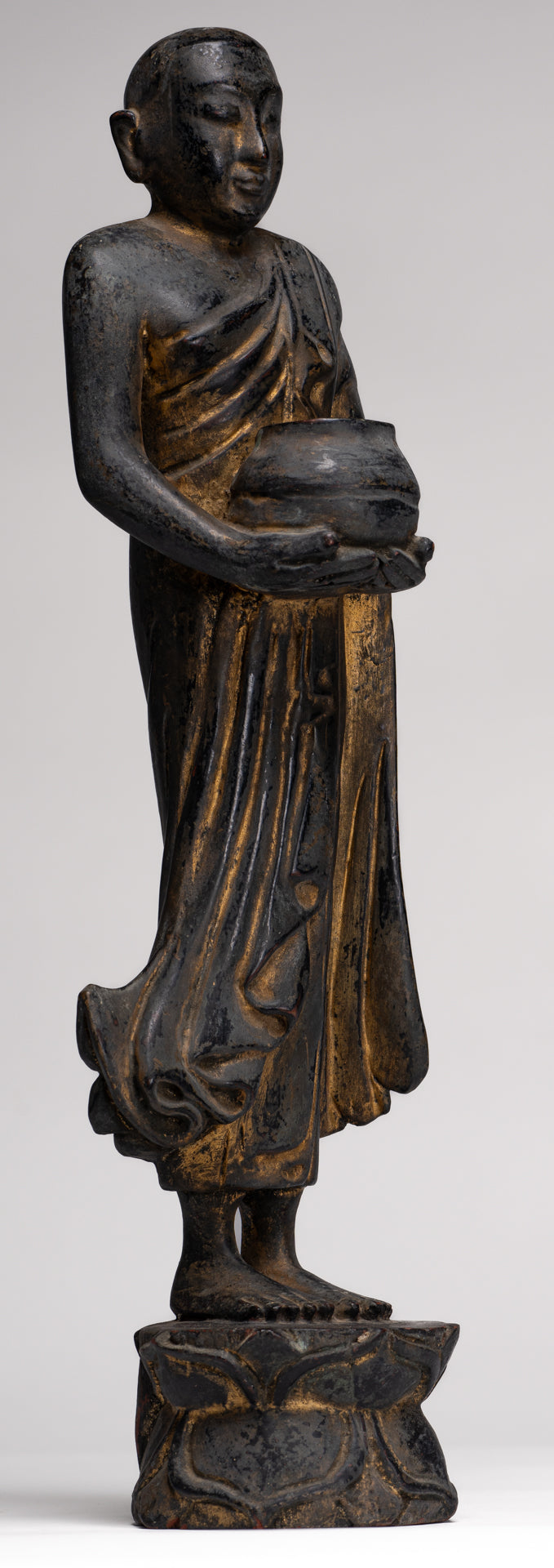 Antique Burmese Style Standing Wood Mandalay Monk Statue - 46cm/18"