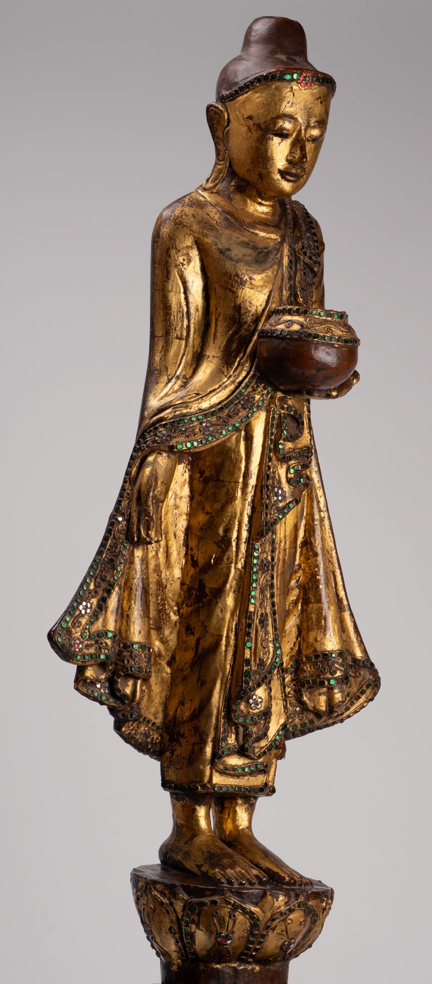 Antique Burmese Style Standing Wood Mandalay Buddha Statue - 101cm/40"