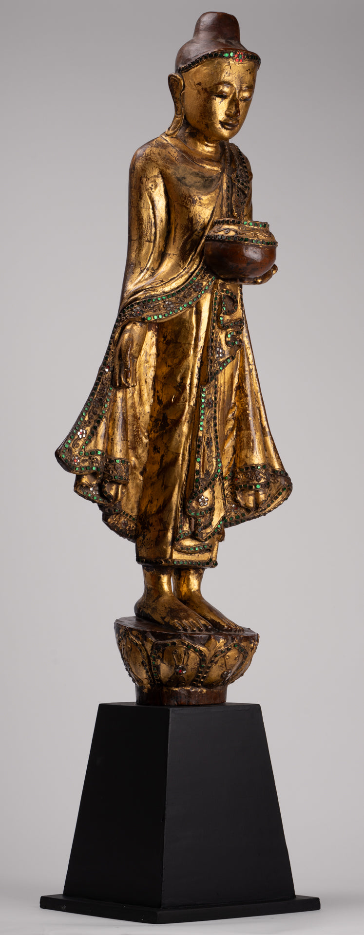 Antique Burmese Style Standing Wood Mandalay Buddha Statue - 101cm/40"