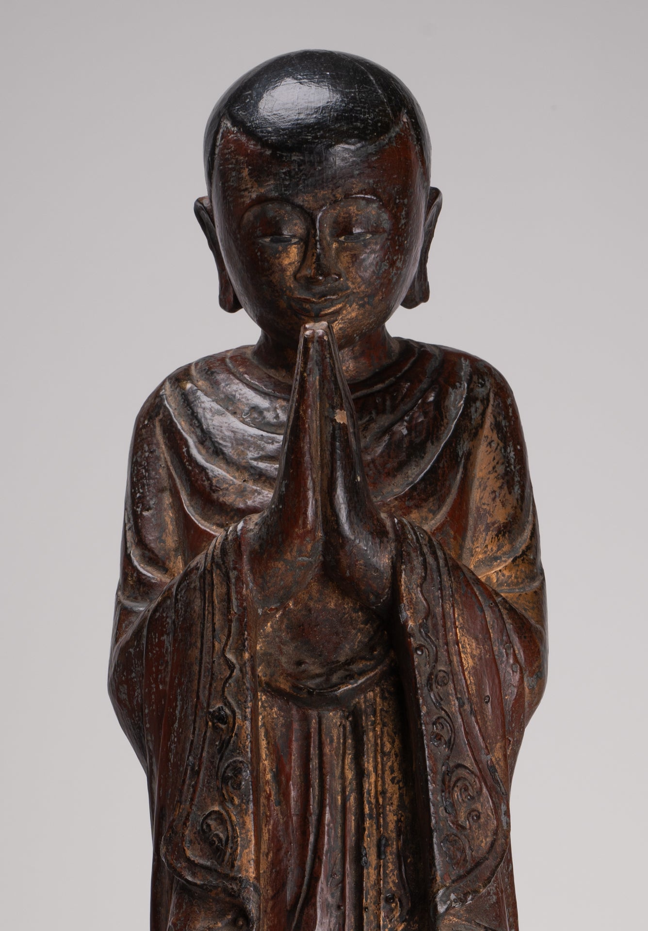 Antique Burmese Style Standing Wood Adoration Mandalay Monk Statue - 76cm/30"