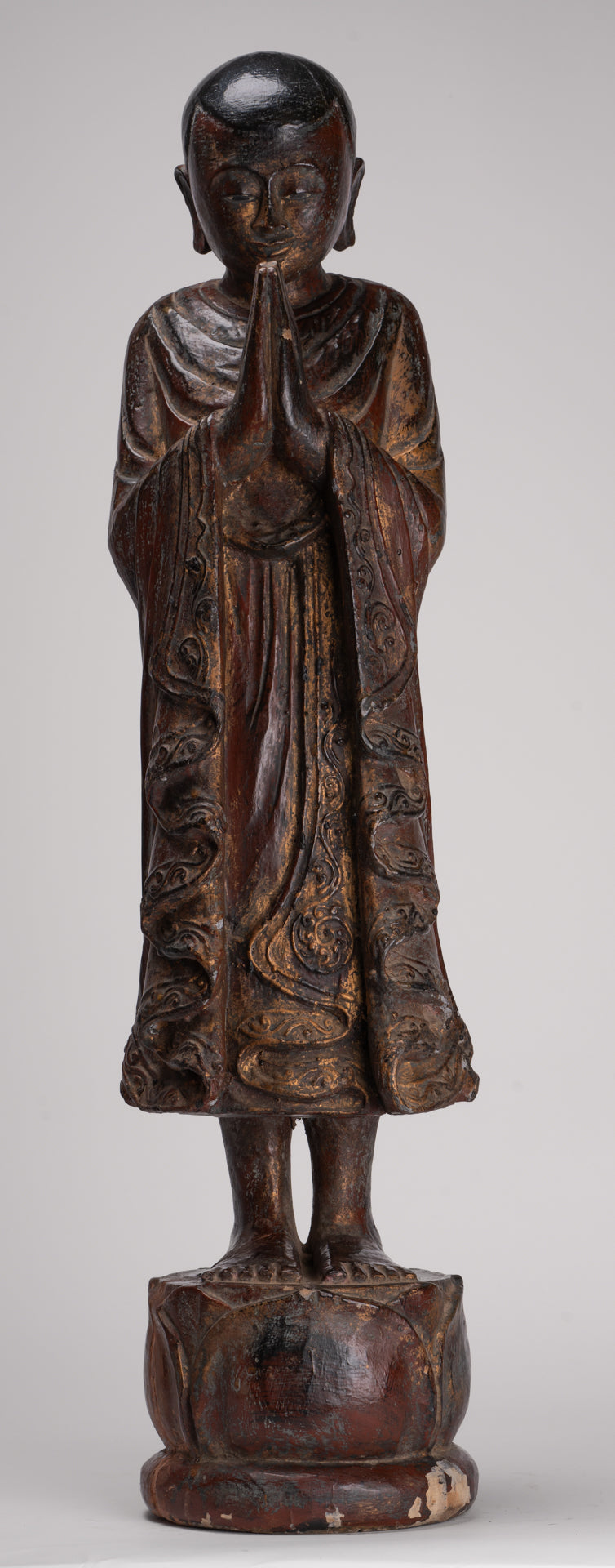 Antique Burmese Style Standing Wood Adoration Mandalay Monk Statue - 76cm/30"
