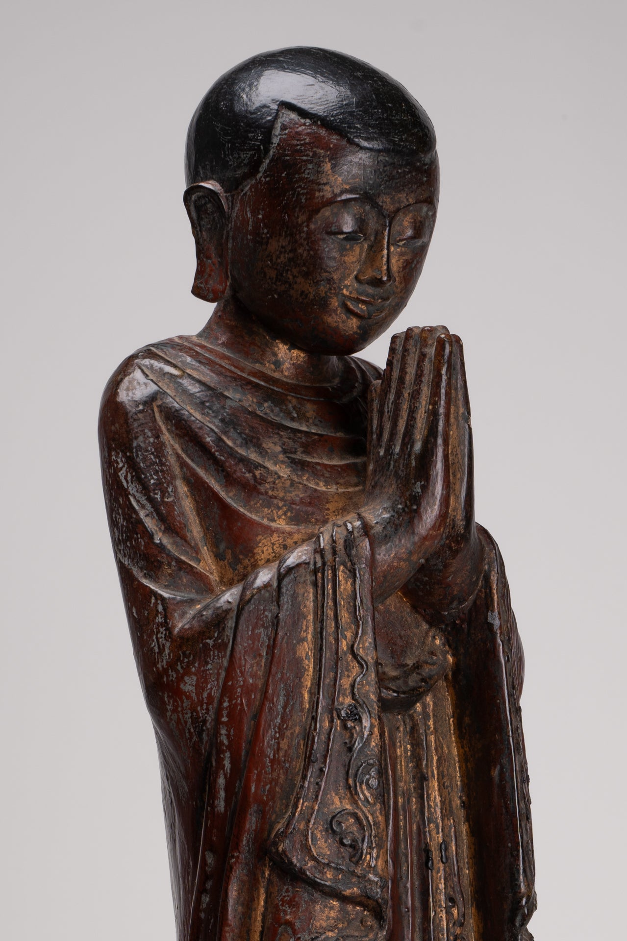 Antique Burmese Style Standing Wood Adoration Mandalay Monk Statue - 76cm/30"