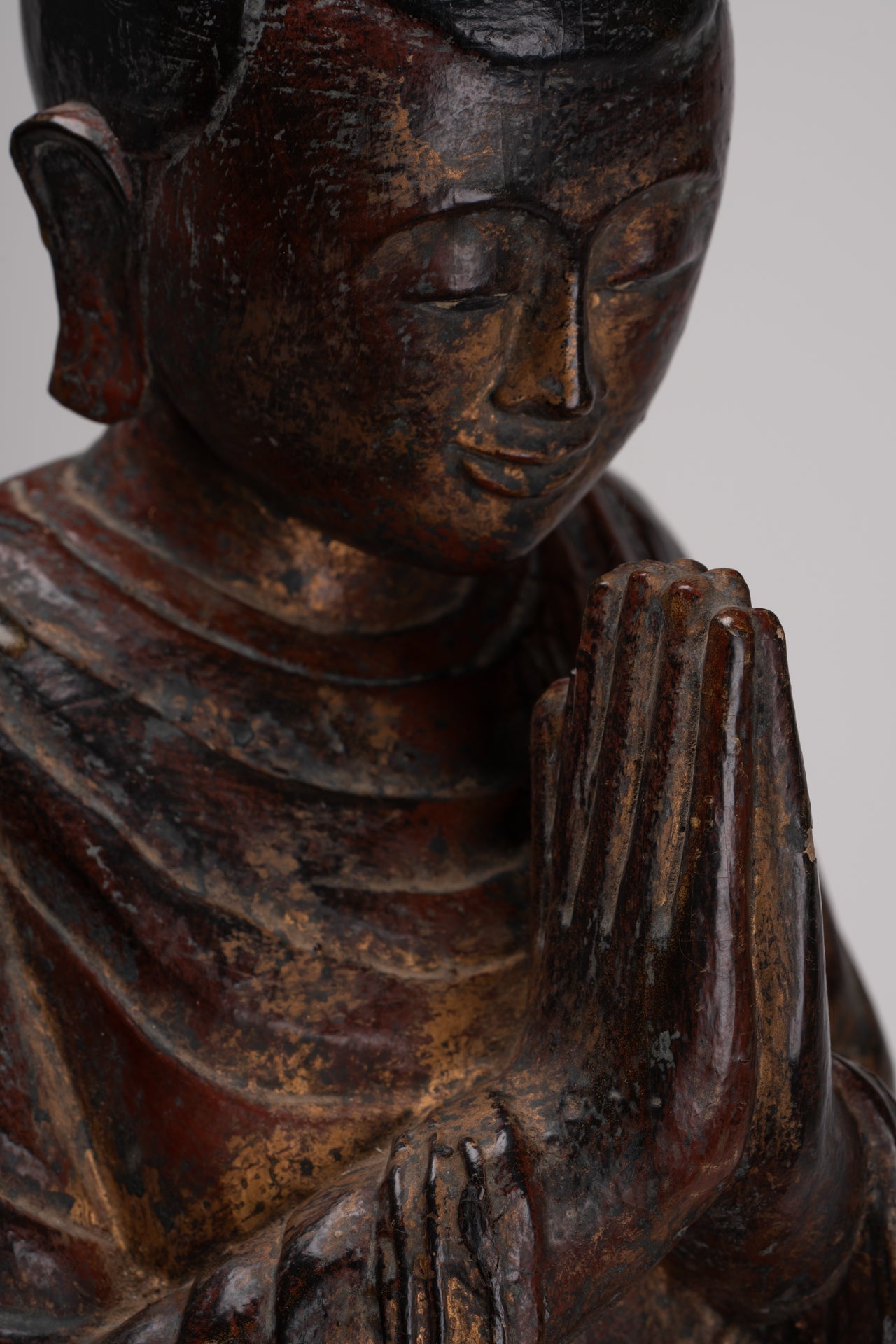 Antique Burmese Style Standing Wood Adoration Mandalay Monk Statue - 76cm/30"